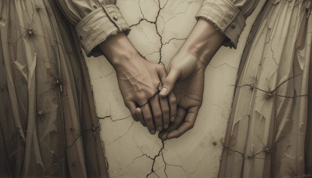 Couple holding hands as a cracked wall collapses behind them, symbolizing love breaking under hidden abuse.