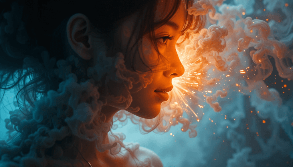 Close-up of a woman’s eye on the right side of the frame, gazing through fogged glass with tiny sparkles of light around it—symbolizing hope, longing, and the quiet search for connection in uncertainty.