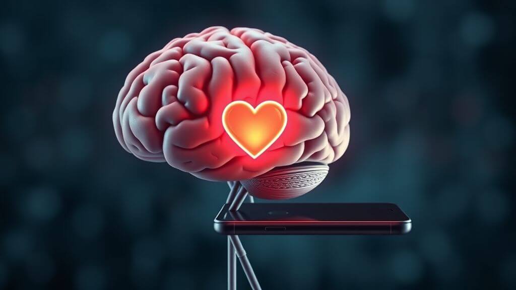 Illustration of brain chasing dopamine from phone notifications after breakup.