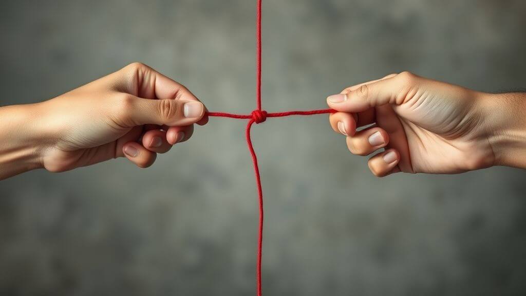 Two hands trying to cut a red string connecting them, symbolizing trauma bond and emotional attachment.