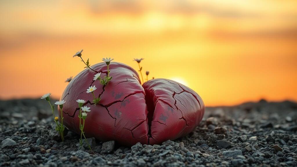 "Wildflowers growing from a broken heart on the ground at sunrise, representing growth and healing after heartbreak."