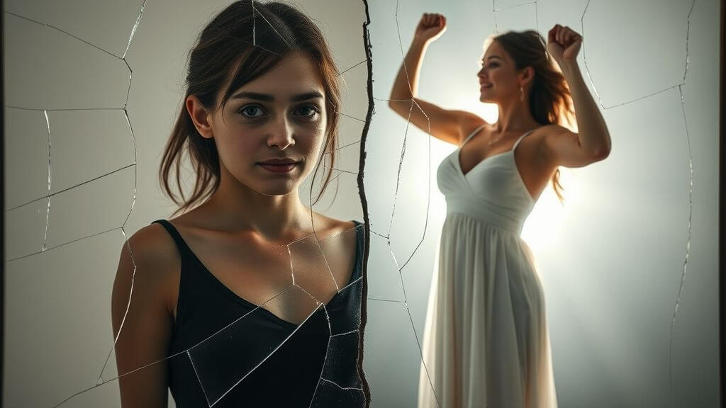 "Woman facing cracked mirror with one reflection in tears and the other strong, symbolizing self-discovery after a breakup."