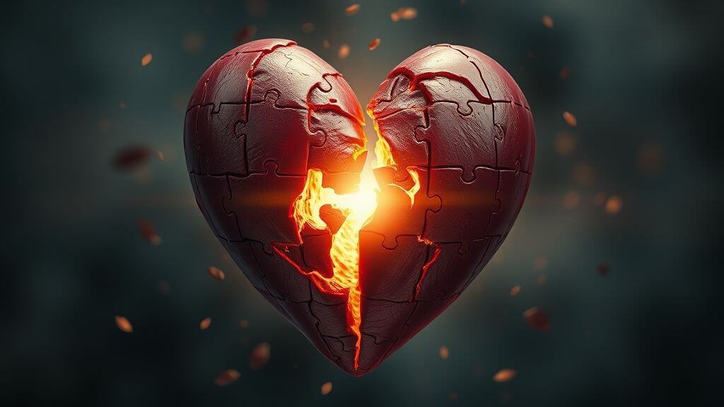 Symbolic heart healing after emotional breakup, light emerging from broken pieces.