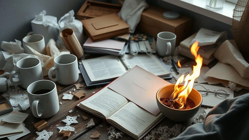 A messy room with coffee mugs, tissues, open journal, and a burning letter in a bowl—symbol of chaos and release during healing