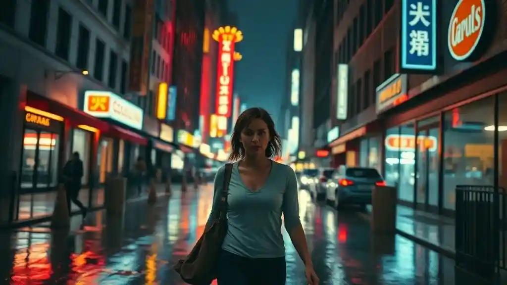 A woman walks alone down a city street at dusk,, no phone in hand. Around her, people rush, laugh, connect. She doesn’t look back. This is what healing looks like — not a grand comeback, not a revenge glow-up, but the quiet power of choosing yourself, one block at a time.