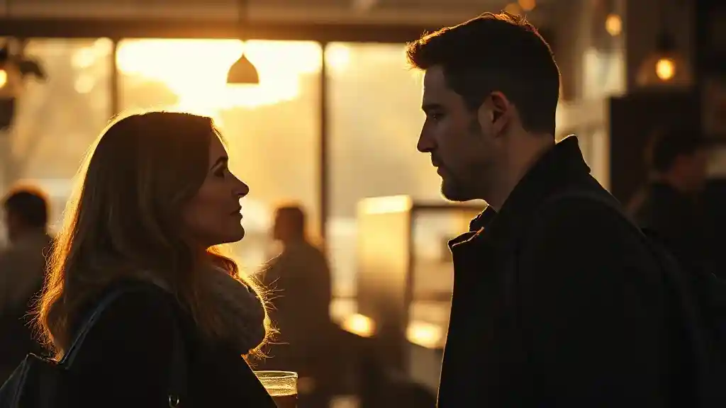 A man and woman stand across from each other, eyes locked, breath unsteady. Not touching. Not speaking. Just holding a silence thick with everything they never finished saying. This is what unresolved love looks like — not drama, not begging, but a single glance that says: I still feel it. But that doesn’t mean I’ll stay.