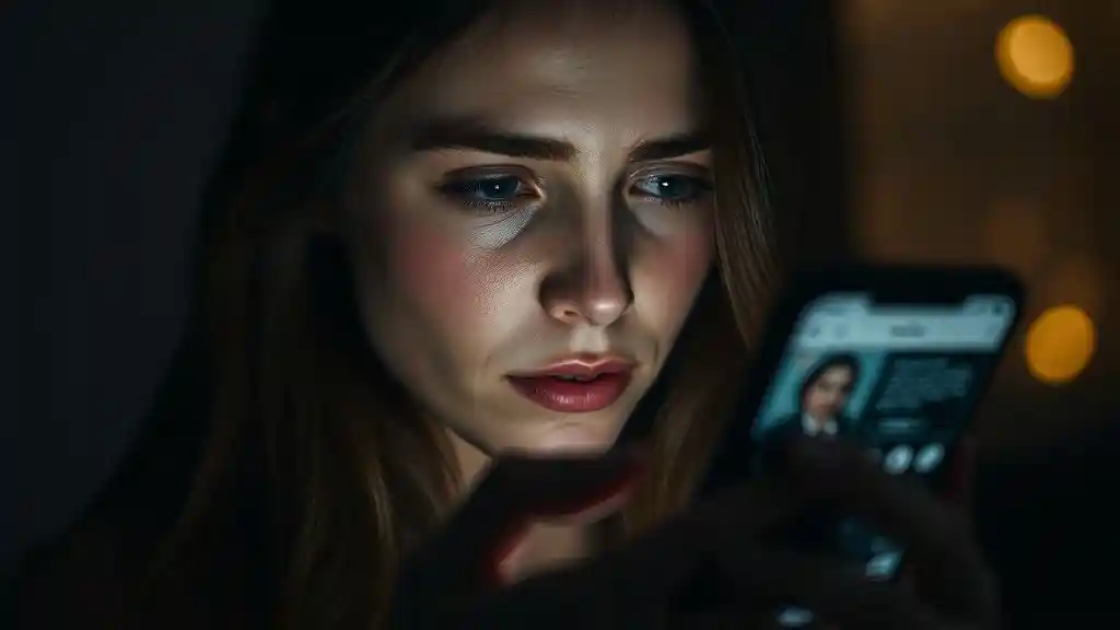 A woman sits curled on her bed, phone in hand, eyes fixed on the screen — not reading, just staring. The glow lights her tired face, tears slipping silently down her cheek. This is what heartbreak looks like in the digital age: not screaming, not shouting, but sitting in the dark, aching for answers that will never come, while the man who broke her lives on in pixels she can’t unsee.
