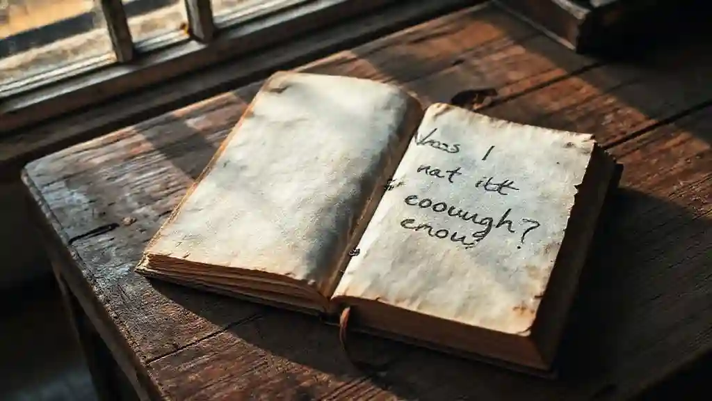 A journal lies open on a desk, pages filled with handwriting: 'Was I not enough?' crossed out and replaced with 'He wasn’t enough to stay.' Ink smudged by tears, a red pen circling the truth. Morning light spills in. This is what healing looks like — not instant clarity, but slowly rewriting the lie betrayal told you.