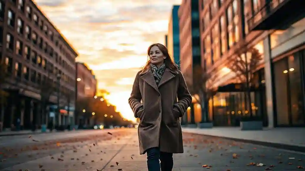 A woman walks alone down a city street at golden hour, hands in her coat pockets, eyes forward, no phone in sight. Leaves swirl at her feet, the sky warm with light. This is what healing looks like — not a glow-up, not a victory, but the quiet return of a life she thought was gone.