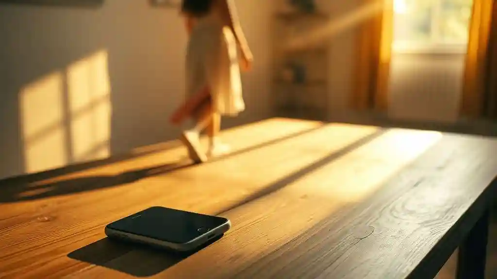 A woman walks out of a dimly lit room, barefoot, shoulders relaxed, not looking back. On the table behind her, her phone glows with a notification — an ex’s story, a text, a memory. She doesn’t reach for it. This is what freedom looks like — not a dramatic scream, but a quiet step forward, leaving the noise behind to finally hear her own voice.