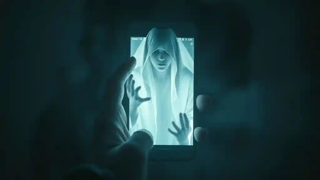 A ghostly figure rises from a smartphone screen, translucent, glowing with cold blue light. The phone lies on a bed, abandoned but active. This is what emotional haunting looks like in 2025 — not in graveyards, but in DMs, stories, and memories that won’t die. You didn’t summon a spirit. You reopened a wound.