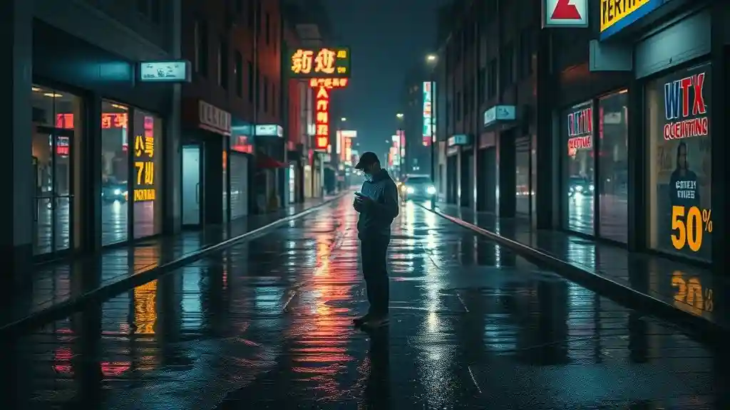 A person stands alone on a busy city street, rain falling lightly, eyes locked on their phone screen. Around them, people rush by with umbrellas, laughter, purpose. They don’t move. Just stare at an Instagram profile that hasn’t changed since yesterday. This is what emotional limbo looks like — not drama, not tears, but standing still while the world keeps walking, hoping for a digital sign that will never come.