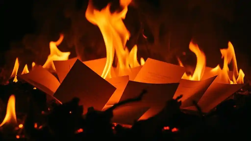 A flame rises from a small firepit, consuming a handwritten letter and old photos — her face half-visible, his hand around her waist. The light flickers across the ground, casting shadows like memories letting go. This is what closure looks like — not a text, not a reunion, but the quiet power of burning what no longer serves you, one page at a time.