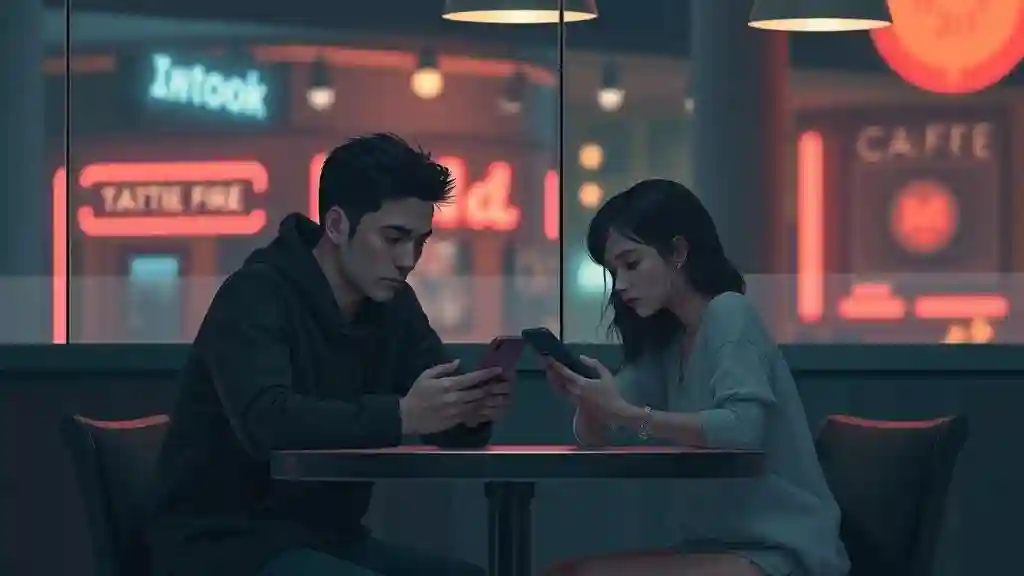 Couple sitting in silence, scrolling phones, symbolizing emotional distance in a relationship.