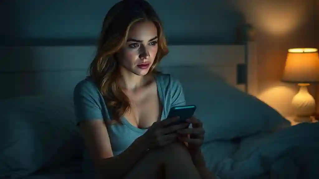 Woman reflecting on her relationship while looking at her phone in a dimly lit bedroom.