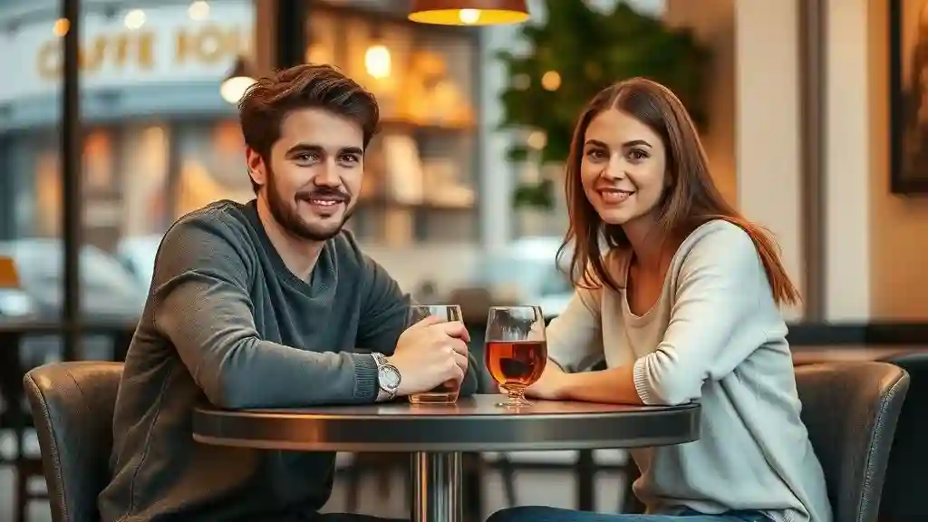 First date excitement over coffee, the beginning of a relationship journey.