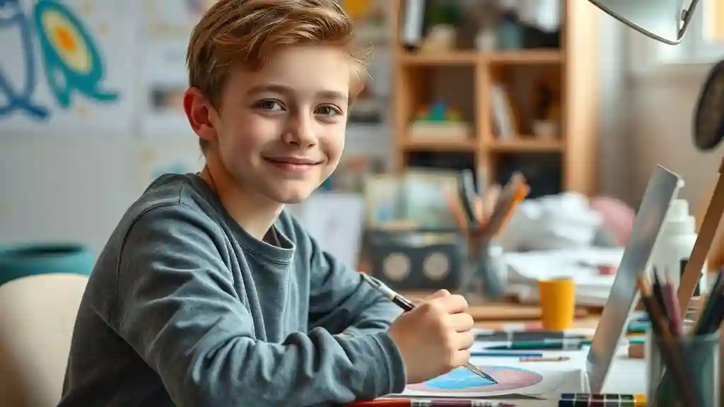 Teen using creative hobbies like painting to cope with first breakup sadness.