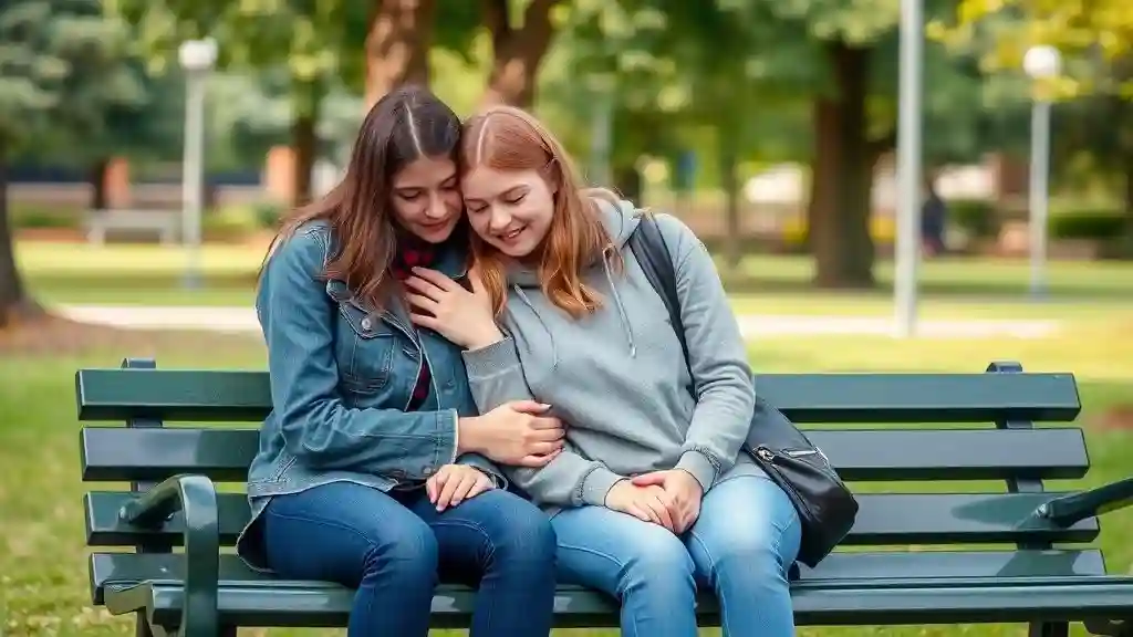 Two teenage friends sitting together on a park bench, one comforting the other with a supportive hug.