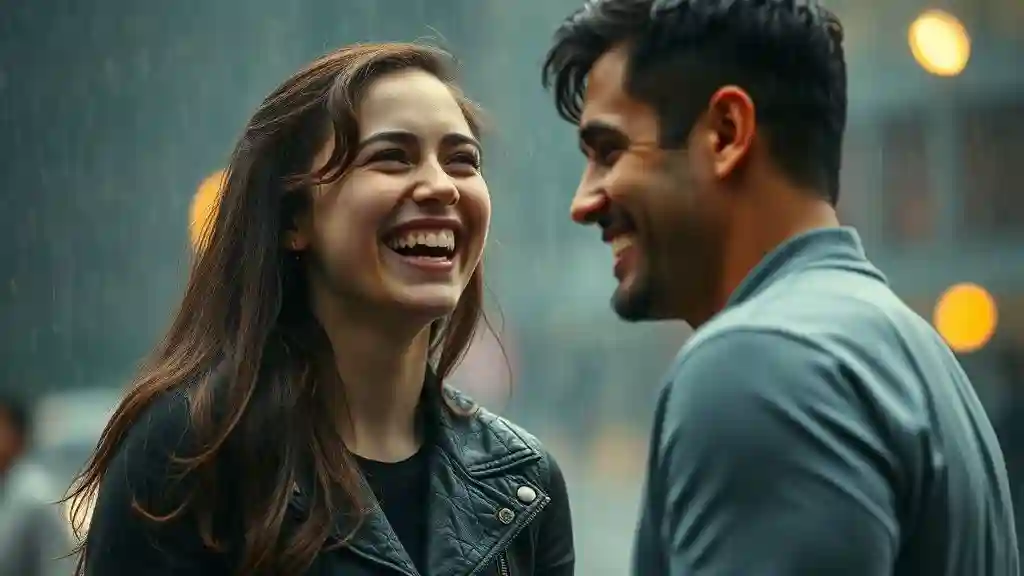 Courageous first I love you moment in the rain.