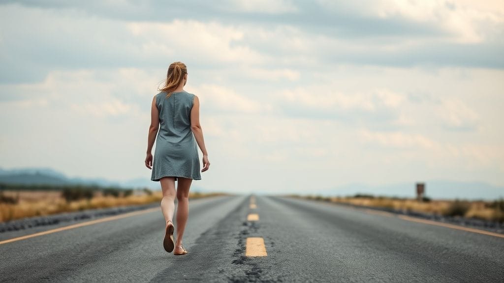 Woman walking alone on a road, symbolizing emotional detachment from her ex