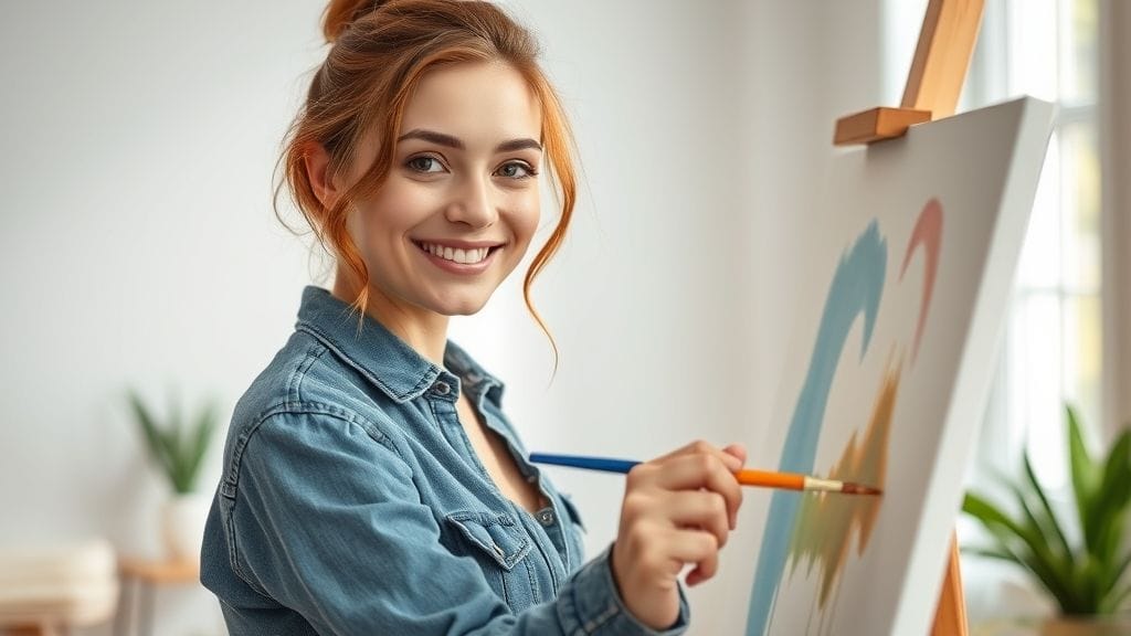 Happy woman painting on a canvas, symbolizing self-healing and new beginnings after breakup