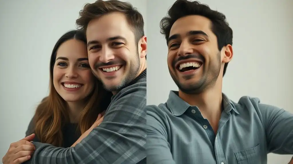 Woman experiencing love with two men, one making her feel safe and the other making her laugh.