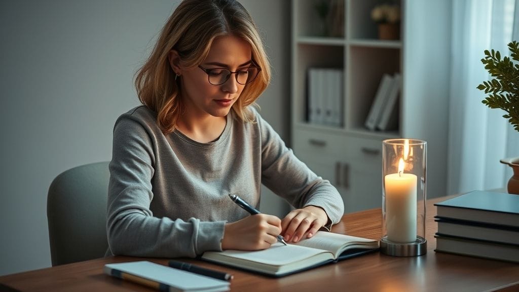 Woman journaling with a candle and timer, following a no-contact healing plan