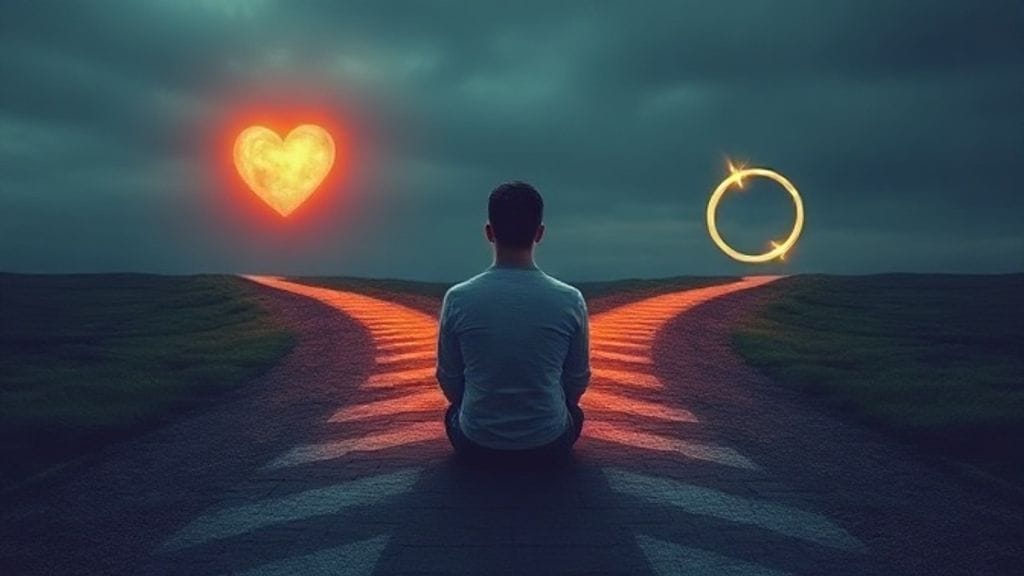 Crossroads of choosing between love and marriage commitment.