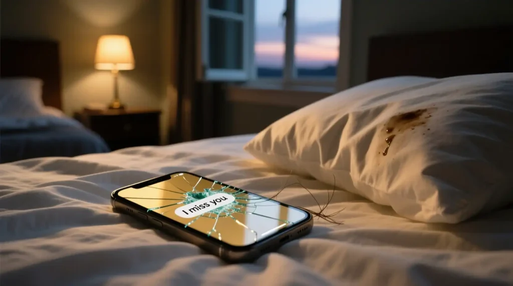 Unsent text message saying “I miss you” on a cracked phone screen symbolizing post-breakup vulnerability.