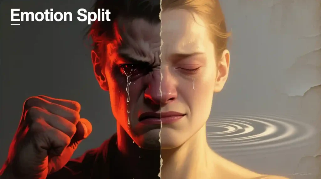 Visual contrast between emotional reaction and calm self-control after breakup