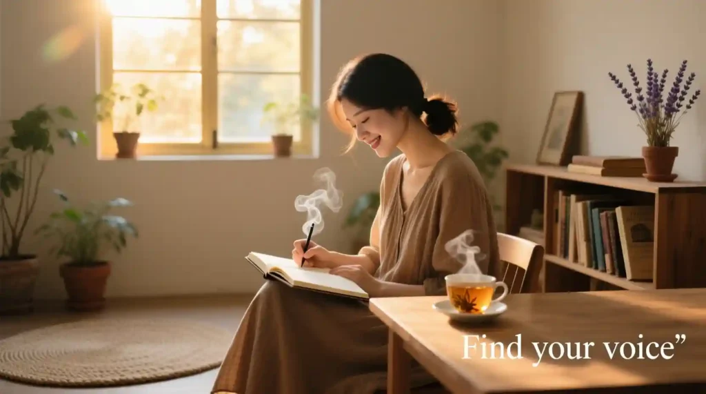 “Person journaling peacefully, showing emotional growth after learning to reply calmly to ex.”