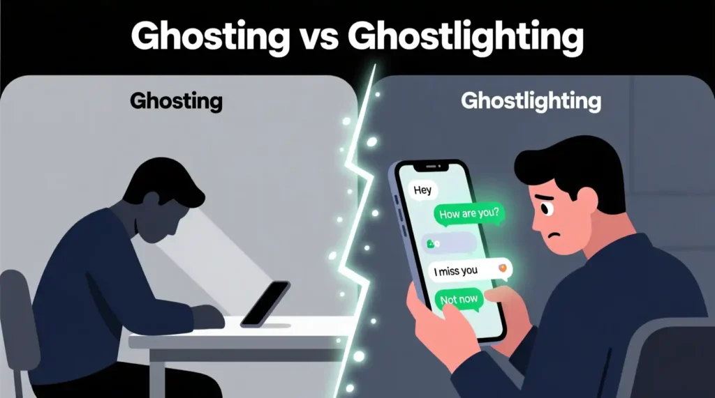 “Ghosting vs Ghostlighting infographic comparing sudden silence and emotional manipulation.”