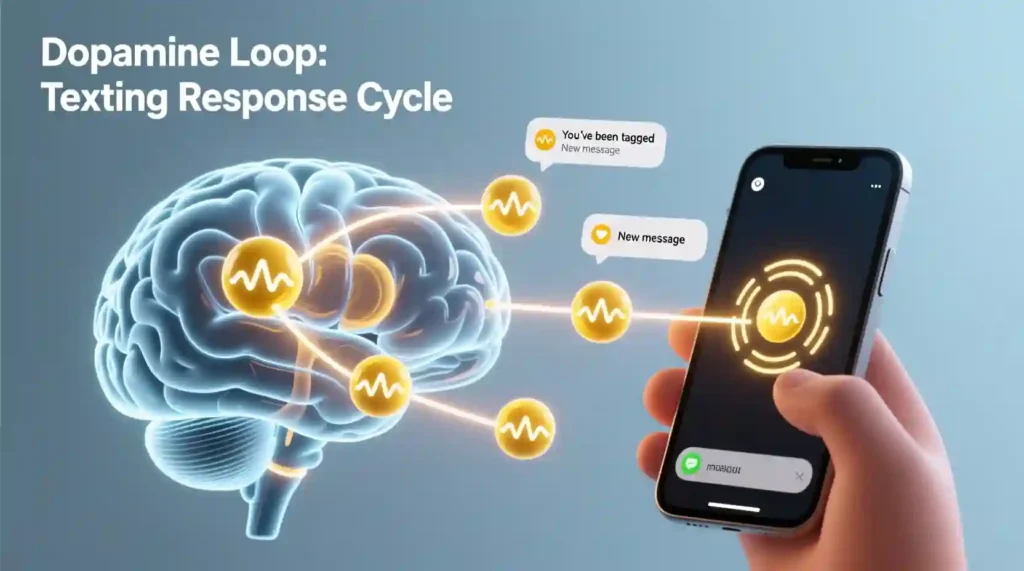 Illustration of dopamine loop showing brain reacting to texting notifications.