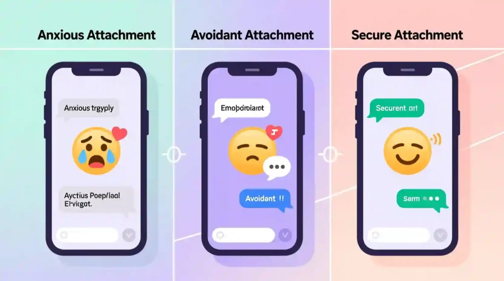Infographic showing anxious, avoidant, and secure texting attachment styles in modern dating.