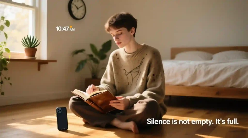 Gen Z person journaling with phone on silent, representing setting texting boundaries.