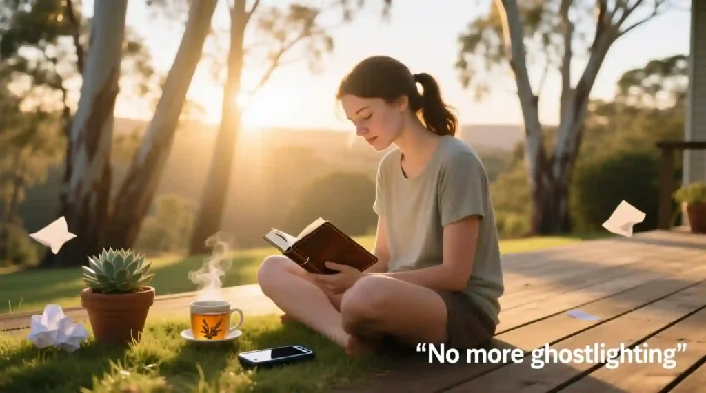 Gen Z person journaling and setting phone aside, representing healing after ghostlighting and ghosting.