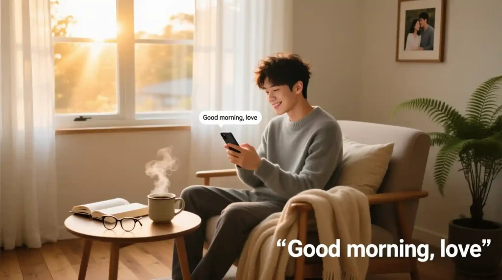 Man sending good morning text showing small daily reassurance in love.