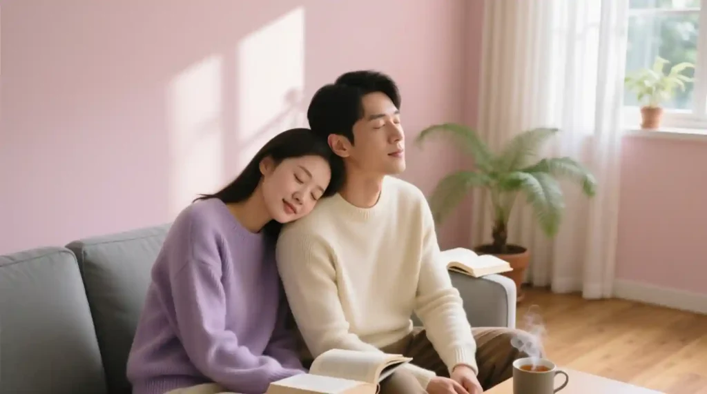 Woman finding peace and emotional safety in her partner’s calm presence.