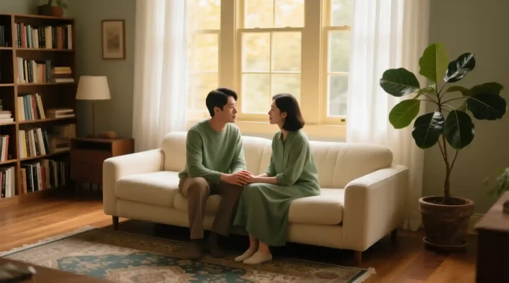 Couple having a calm conversation symbolizing emotional respect and understanding.