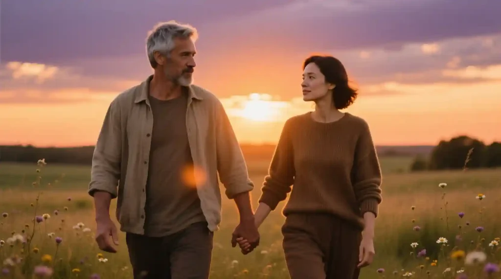 Couple sharing a peaceful moment together under city lights representing lasting love with respect.