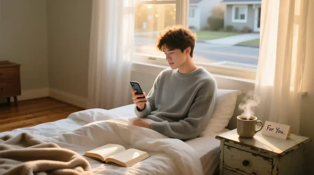 Man sending morning text showing emotional consistency and love.