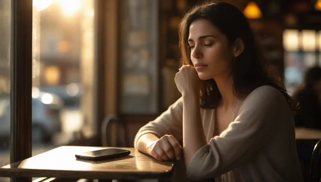 Woman reflecting on self-sabotage in dating while sitting alone at a café.