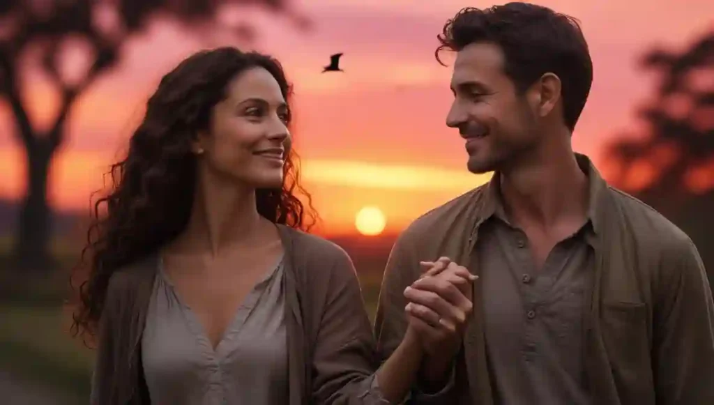 30 plus couple walking at sunset representing love after 30