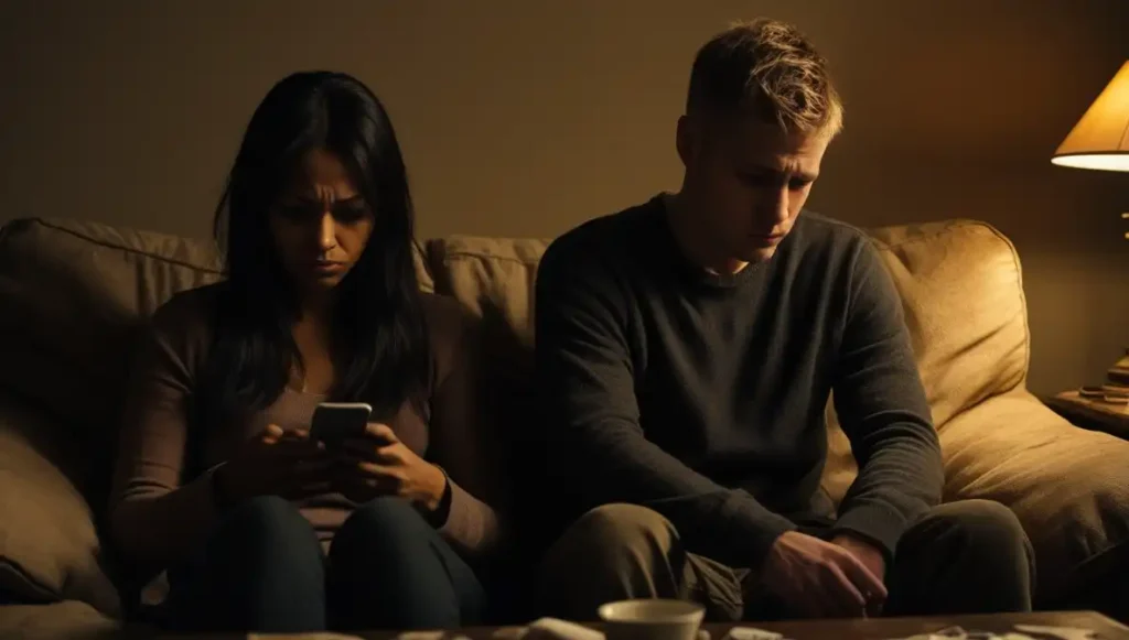 Girlfriend emotionally distant while boyfriend feels disconnected, a sign of emotional withdrawal.