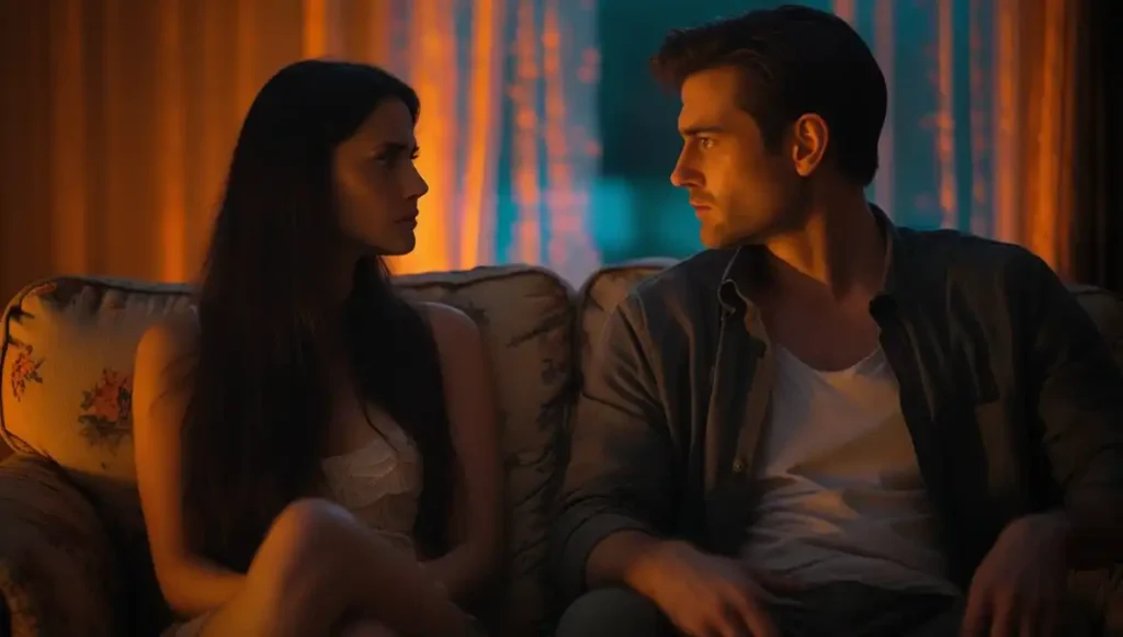 Girlfriend hiding phone face-down, representing digital secrecy and cheating behavior.