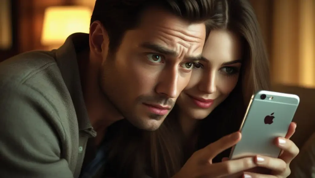 Girlfriend hiding her phone, showing one of the first cheating girlfriend warning signs.