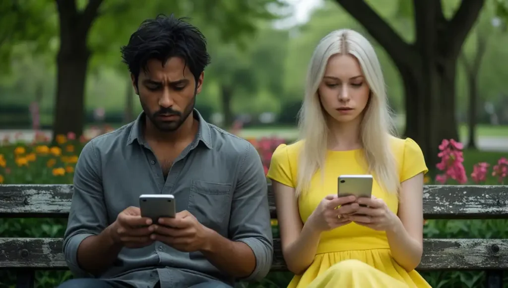 couple sitting apart on bench scrolling phones showing emotional distance