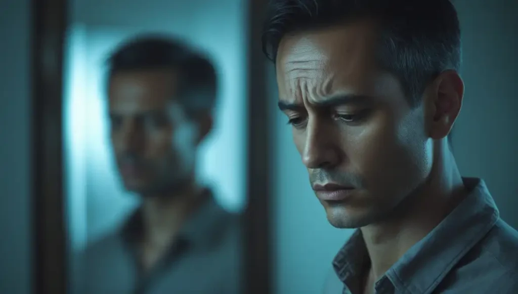 Man doubting himself after noticing cheating girlfriend warning signs — emotional turmoil and loss of trust.