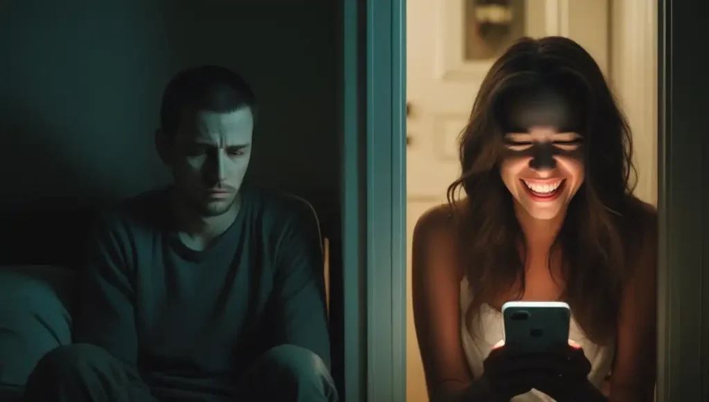 Girlfriend laughing at her phone while ignoring her partner — sign of emotional disconnection.
