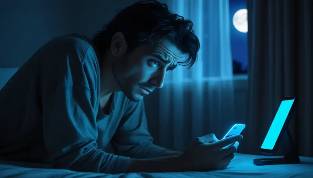 Man noticing late-night phone activity from his girlfriend, showing first signs of doubt and suspicion.